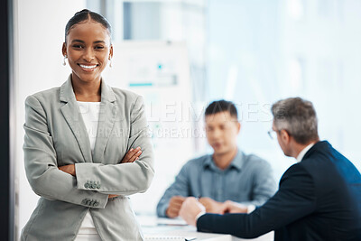 Buy stock photo Assistant, intern andor training business woman looking proud, confident and motivated before a boardroom team meeting. Portrait of powerful, ambitious and inspired office corporate with arms crossed