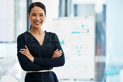 Buy stock photo Confident, happy and smiling business woman standing with her arms crossed while in an office with a positive mindset and good leadership. Portrait of an entrepreneur feeling motivated and proud