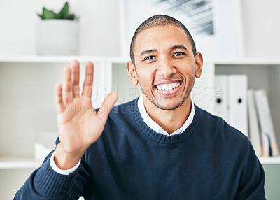 Buy stock photo Waving, greeting and friendly employee with a bright smile and a positive mindset in the office. Portrait of a cheerful, joyful and excited Latino business man attending a videocall