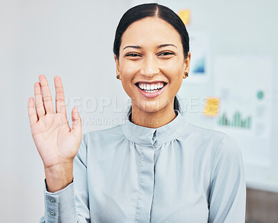 Buy stock photo Woman waving hand to greet hello while introducing, smiling and gesturing during video call via webcam in virtual meeting in an office. Portrait of a young, friendly and happy female business intern