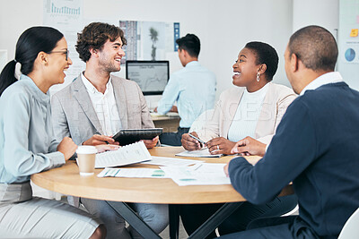 Buy stock photo Diverse business marketing team enjoying casual chat during meeting in modern office, smiling and laughing. Happy colleagues planning and sharing idea or goal while discussing a strategy for startup