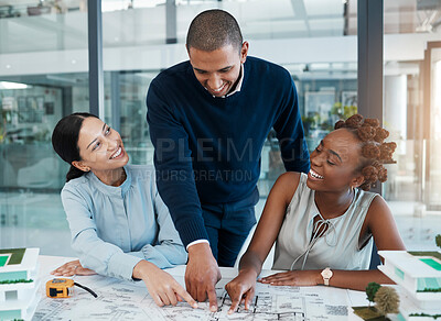 Buy stock photo Blueprints, building engineers and architects pointing, showing and smiling in meeting to plan renovation or remodel. Diverse group of designers agreeing and choosing structure design or vision ideas
