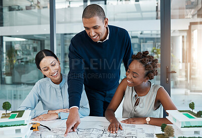 Buy stock photo Meeting architects, blueprint and building engineers with vision talking, planning and discussing structure design on paper. Group diversity or team of professional designers sharing innovation ideas
