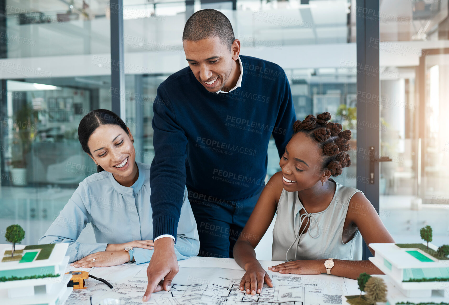 Buy stock photo Meeting architects, blueprint and building engineers with vision talking, planning and discussing structure design on paper. Group diversity or team of professional designers sharing innovation ideas