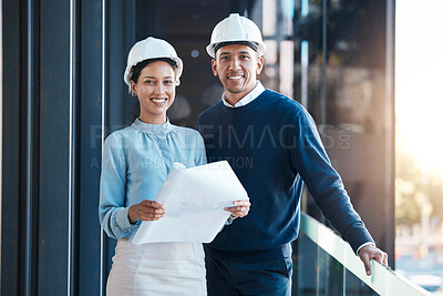 Buy stock photo Architect, engineering blueprint and industrial designer working on building design, sketch plan and construction project. Happy builder, contractor and team in collaboration for property development