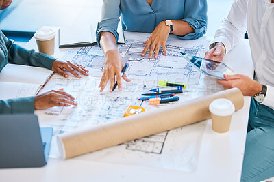 Buy stock photo Architect blueprints, engineers and designers analyzing drawing, draft and sketch plan for construction project, layout and building. Closeup of team collaboration planning for property development
