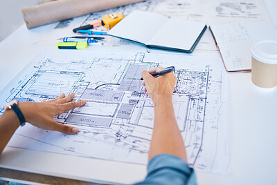 Buy stock photo Architect sketching, planning or drawing an architectural design plan or blueprint diagram with draw tools, equipment and stationery. POV hands of man busy working on new designing project structure
