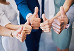 Closeup thumbs up, hand or gesture for success, support or trust. Diverse group or team of business men, women or colleagues showing thumb as thank you or approval to idea plan, strategy or good news