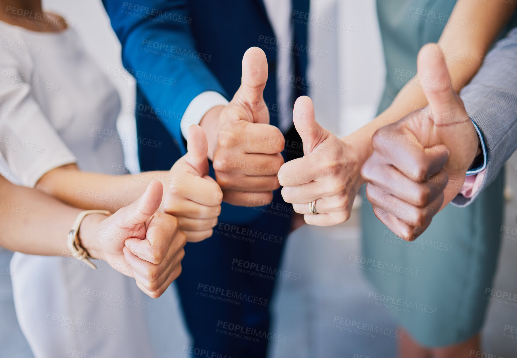 Buy stock photo Closeup thumbs up, hand or sign for success, support or trust. Diverse group or team of business men, women or colleagues showing thumb as thank you or approval to idea plan, strategy or good news