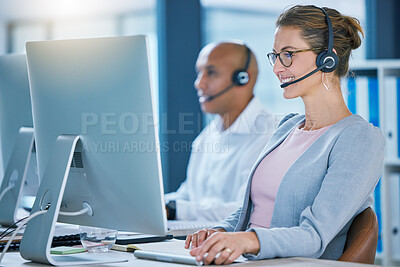 Buy stock photo Call center agent, telemarketing sales and customer service operator smiling while working on a computer and talking to a customer. Sales representative happy to help and answer calls for support