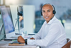 Call center agent, sales man and customer service support operator giving friendly, help and good advice while working on computer. Portrait of smiling hotline consultant, helpdesk and contact us