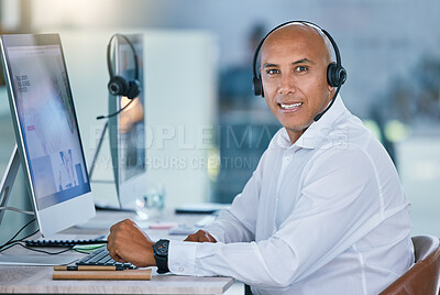 Buy stock photo Call center agent, sales man and customer service support operator giving friendly, help and good advice while working on computer. Portrait of smiling hotline consultant, helpdesk and contact us