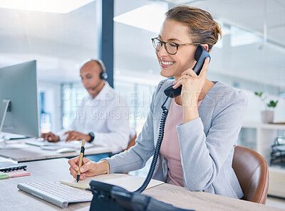 Buy stock photo Call center operator, marketing agent and sales consultant networking, talking and consulting on telephone. Friendly secretary, business woman and support helpdesk writing notes for customer service