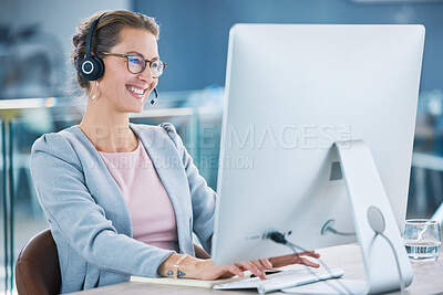 Buy stock photo Call center, customer service and agent with computer talking to customers, helping and answering office calls. Mature, happy and friendly helpdesk operator, secretary and contact us client support