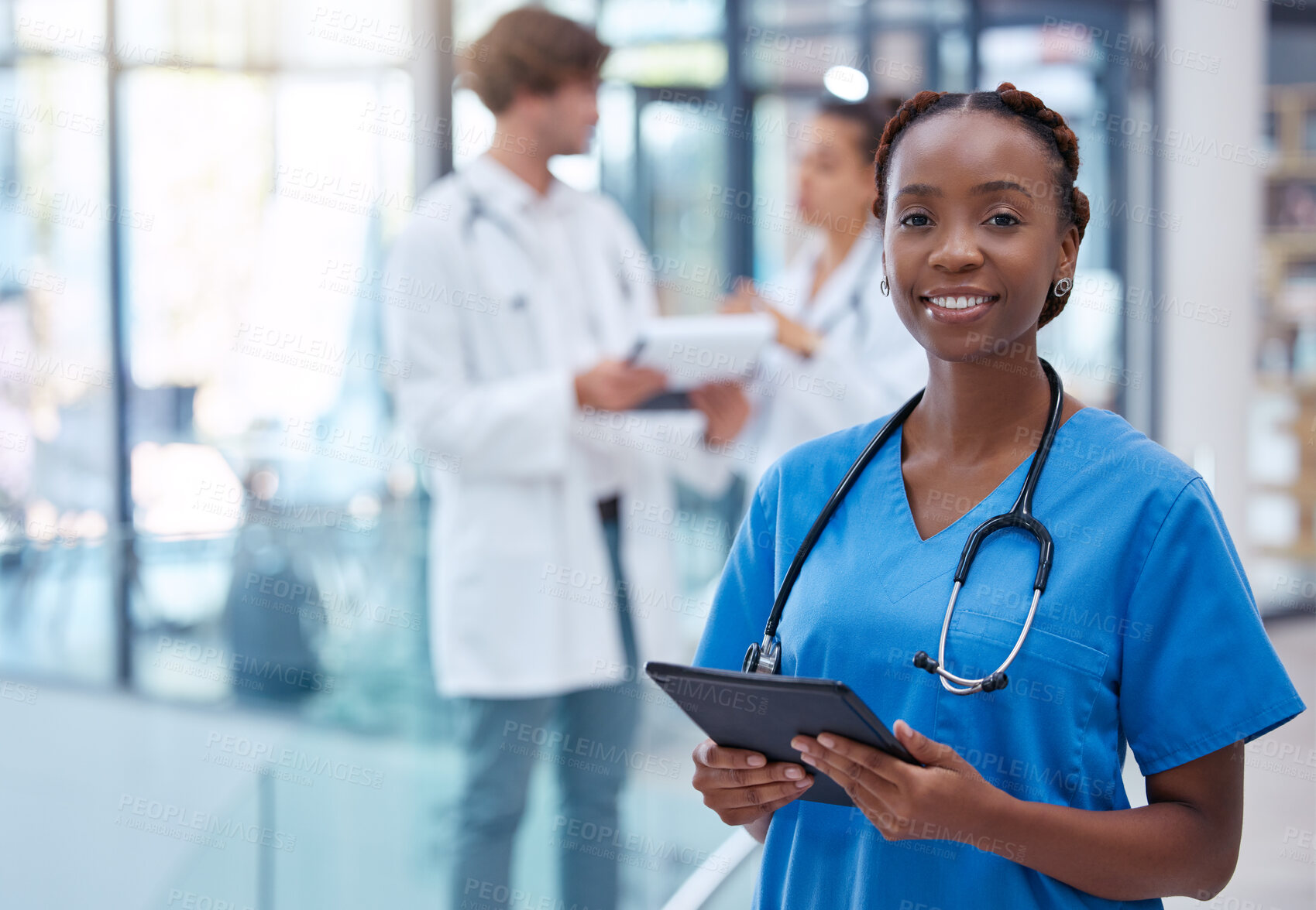 Buy stock photo Nurse, professional and healthcare worker with tablet in medical center, clinic and hospital while analyzing test result. Portrait of frontline worker showing trust, care and knowledge about medicine