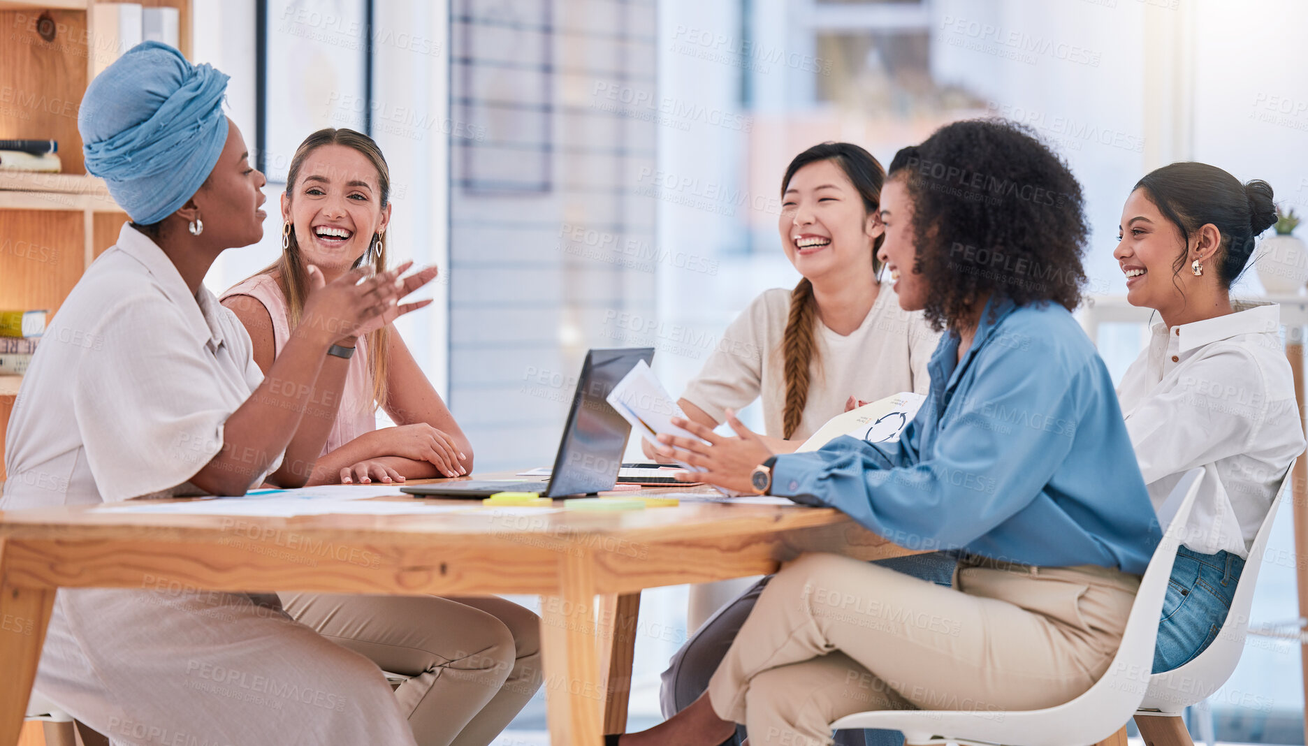 Buy stock photo Business team, empowerment and female meeting in casual work environment. Trust, collaboration and diversity in an inclusive company. Coaching, motivation and positive woman working in leadership.