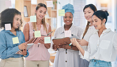 Buy stock photo Sticky notes, planning ideas or vision in training with talking creatives and marketing strategy, kpi and performance data. Motivated, inspired or ambitious team of startup women meeting or learning