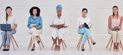 Buy stock photo Female corporate marketing or advertising planning team working in a creative agency for online website design company. Portrait of empowering women in diverse workplace with good ideas and strategy