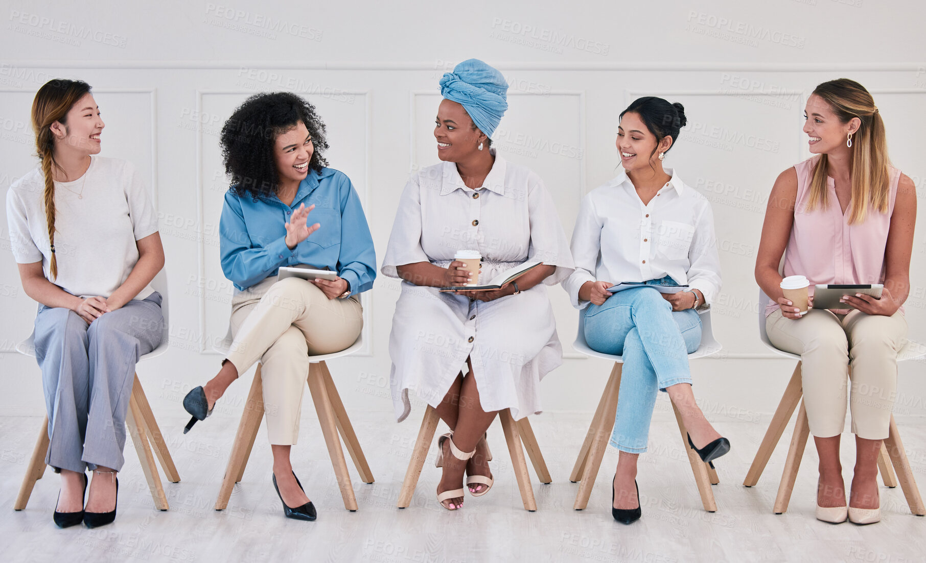 Buy stock photo Diverse, design and marketing group of corporate woman planning and designing market strategy. Portrait of creative women designers collaborating or communicate ideas for growth in the workplace.
