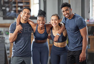 Buy stock photo Fitness, exercise and diverse accountability group standing together and looking happy after training at gym. Portrait of friends enjoying their membership at a health and wellness facility 