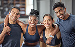 Fitness, workout group, team or people in a happy portrait for good training exercise or gym class session. Diverse sports friends, man and woman face together for health, wellness and body strength
