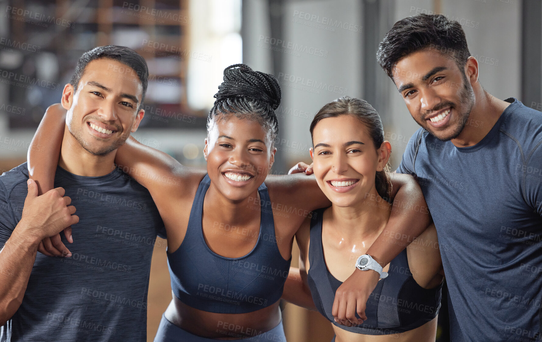 Buy stock photo Fitness, workout group, team or people in a happy portrait for good training exercise or gym class session. Diverse sports friends, man and woman face together for health, wellness and body strength