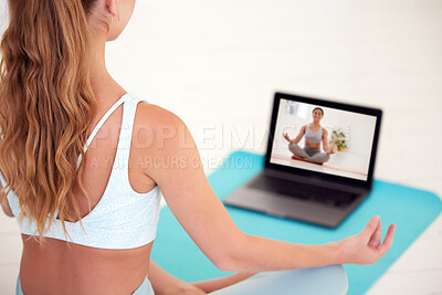 Buy stock photo Meditation, video call and yoga woman in online class for chakra energy and stress relief, with spiritual mentor or coach. Young female in wellness with freedom, peace or zen virtual teacher