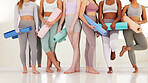 Health, fitness and wellness lifestyle young women in yoga, pilates or exercise class studio. Group of zen friends waiting for chakra meditation or sports training workout to begin in gym loft