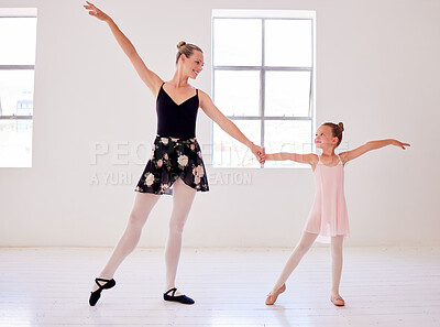 Buy stock photo Ballerina, ballet and dance teacher with a child teaching beautiful, elegant and classical choreography in studio. Woman, professional and artist showing little girl graceful routine in pointe shoes