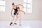 Ballet, elegance and dancing instructor teaching a little ballerina movement and posture at a dance studio. Teacher bonding with a child while learning performance routine and grace, classical art