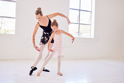 Buy stock photo Ballet, elegance and dancing instructor teaching a little ballerina movement and posture at a dance studio. Teacher bonding with a child while learning performance routine and grace, classical art