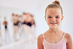 Little ballerina learning ballet dancing, art form and hobby in a dance studio. Portrait of a cute young girl, young dancer and happy kid excited for classical performance lesson, training and fun