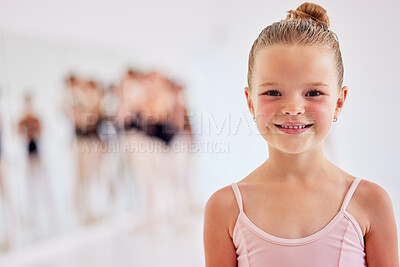 Buy stock photo Little ballerina girl learning ballet dancing, art form and hobby in dance studio. Portrait of cute young child, smile dancer and happy kid excited for classical performance lesson, training and fun