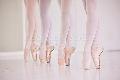 Buy stock photo Many ballet feet, legs or tiptoe of elegant dancers dancing and practicing in a dance studio. Closeup of ballerinas or performers or team preparing or learning for a group performance in a class