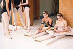 Ballet dancers on social media, communication technology and phone internet connection. Stage theater performance, studio rehearsal preparation and women wait in costume before opera house show.