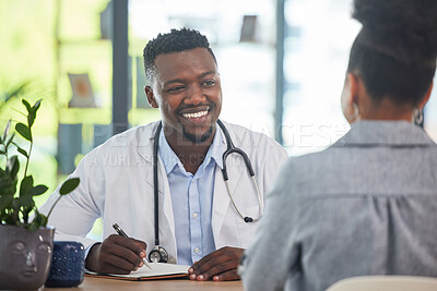 Buy stock photo Doctor talking to patient in medical consultation, checkup and visit in a clinic, hospital and healthcare center. Professional, gp and frontline worker listening and writing prescription medication