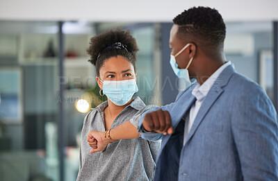 Buy stock photo Covid, colleagues and greeting by touching elbows and wearing face masks and social distancing in an office. Friendly and diverse entrepreneurs preventing coronavirus infection spread at a workplace