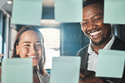 Buy stock photo Business people planning ideas in meeting, thinking of marketing strategy and corporate collaboration in office at work. Employees, workers and team writing on sticky notes and post it paper