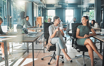 Buy stock photo Diversity, businesswomen and open plan office with a group of executive, corporate colleagues and coworkers. Talking team sharing ideas and innovation strategy in a modern workplace for collaboration