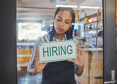 Buy stock photo Hiring, recruitment and about us advertising sign on a glass door of a small business, startup or coffee shop. Cafe store, restaurant or hr manager ready to hire new workers, employees and staff