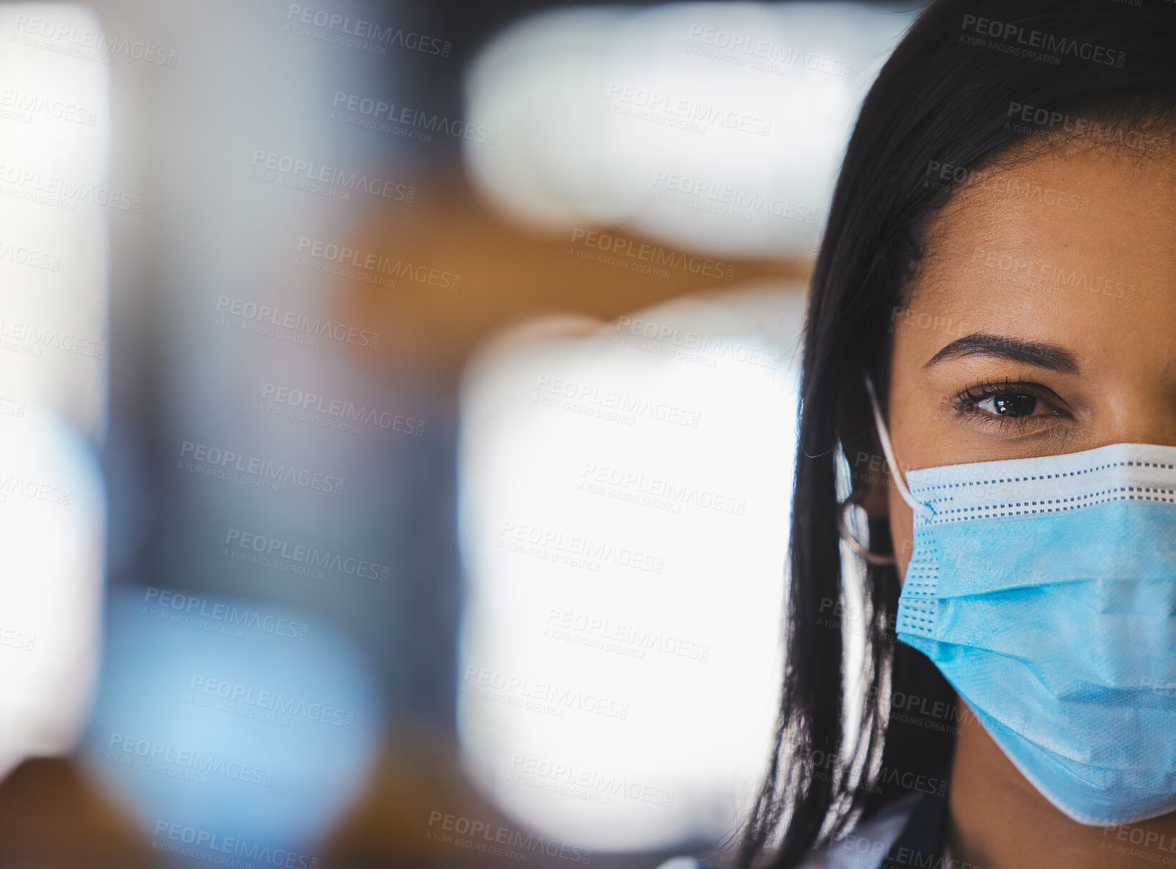 Buy stock photo Covid, mask and portrait of doctor, nurse or medical healthcare worker wearing surgical mask to protect against the coronavirus. Closeup, safety and protection of health during pandemic in hospital.
