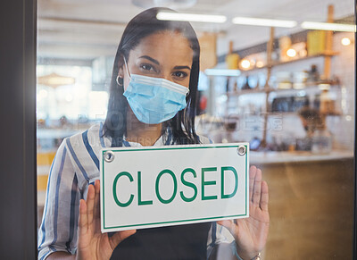 Buy stock photo Compliance, safety and economic crisis closing store due to covid19 pandemic, sad and in debt. Small business owner frustrated about fail startup, hanging a sign on the window or entrance of shop