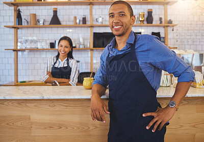Buy stock photo Small business owner or startup entrepreneur standing at a bar counter in a coffee shop or cafe as a team leader. Motivation, vision and teamwork with young people working in retail restaurant