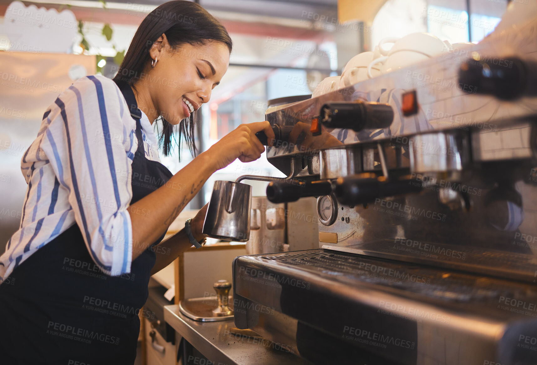 Buy stock photo Coffee shop, cafe and restaurant with a barista working as a startup entrepreneur and small business owner. Waitress or server giving service with a smile while at work in a modern and trendy bistro