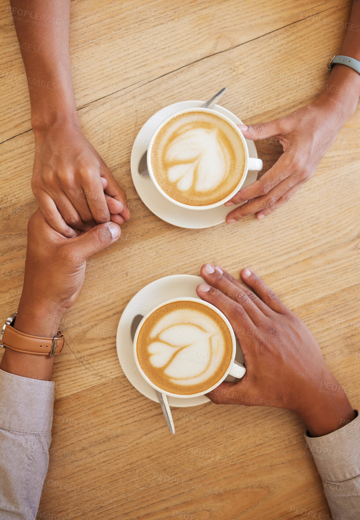 Buy stock photo Coffee shop, dating and couple holding hands from top view at cafe. Married boyfriend and girlfriend touching each other while relaxing. Romantic, trust and in love people enjoy anniversary together.