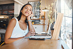 Coffee shop, working and woman thinking of ideas at a table. Daydreaming entrepreneur, student or remote worker taking break from laptop. Thoughtful woman in cafe looking at outside view from window.