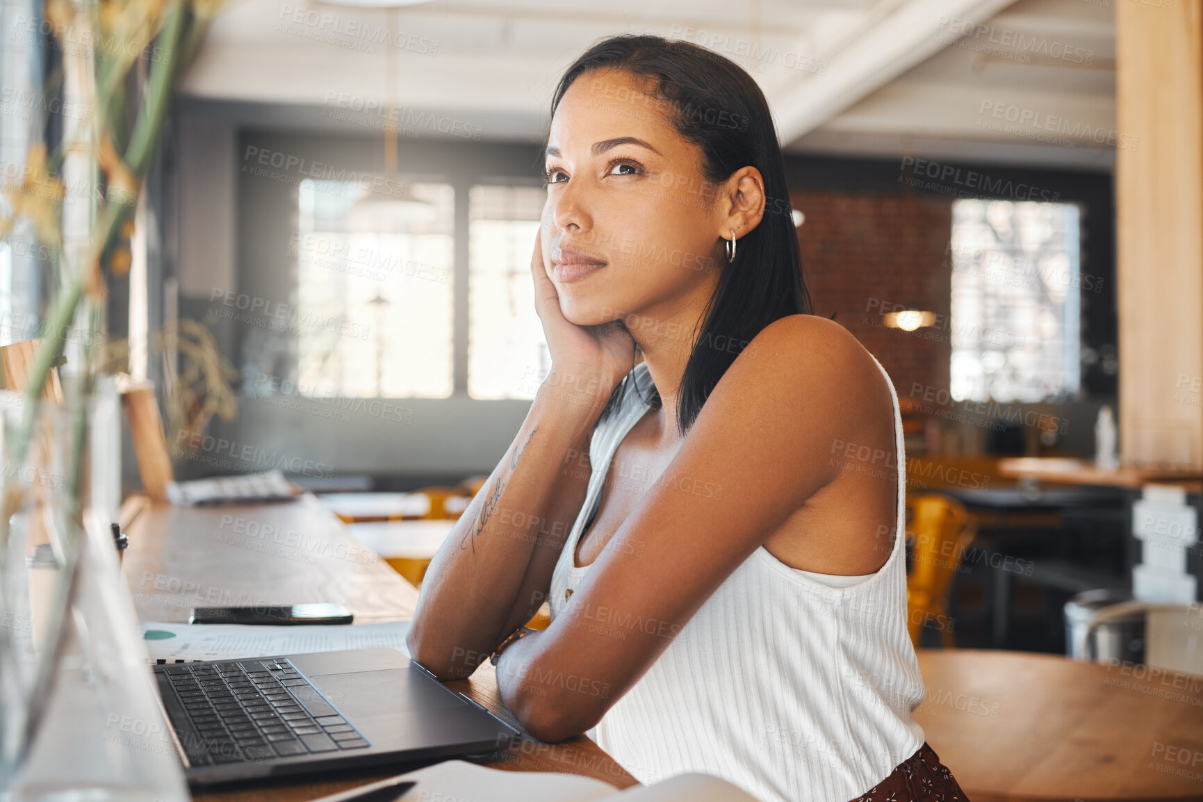 Buy stock photo Woman thinking of idea, planning vision and dreaming of solution for thought, mind goal and question while working on laptop in cafe. Mindset, memory and inspiration of student, writer and freelancer