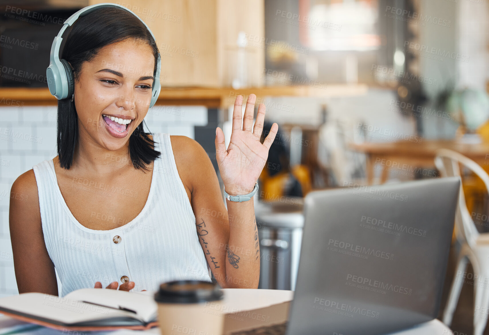 Buy stock photo Laptop webinar, workshop training and meeting on online zoom call in cafe, restaurant or coffee shop. Remote student or woman waving and greeting on video conference and education presentation class