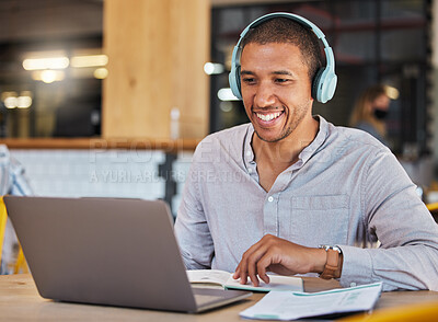 Buy stock photo Laptop webinar, workshop training or zoom call meeting in cafe, restaurant or coffee shop with paper. Learning student or headphones man listening to video conference or mentor education presentation