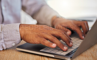 Buy stock photo Closeup of a businessman's hands typing on laptop at work in corporate, creative and modern office. Professional male leader browsing the internet or coding on an innovative computer network.